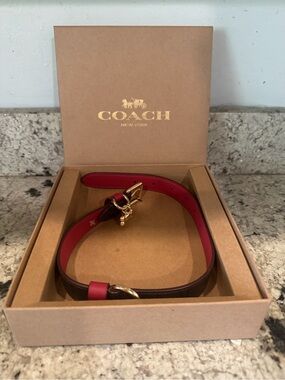 NWT Coach Signature Leather Dog Collar Brown Red Gold w/Charm LARGE 17” - 21”